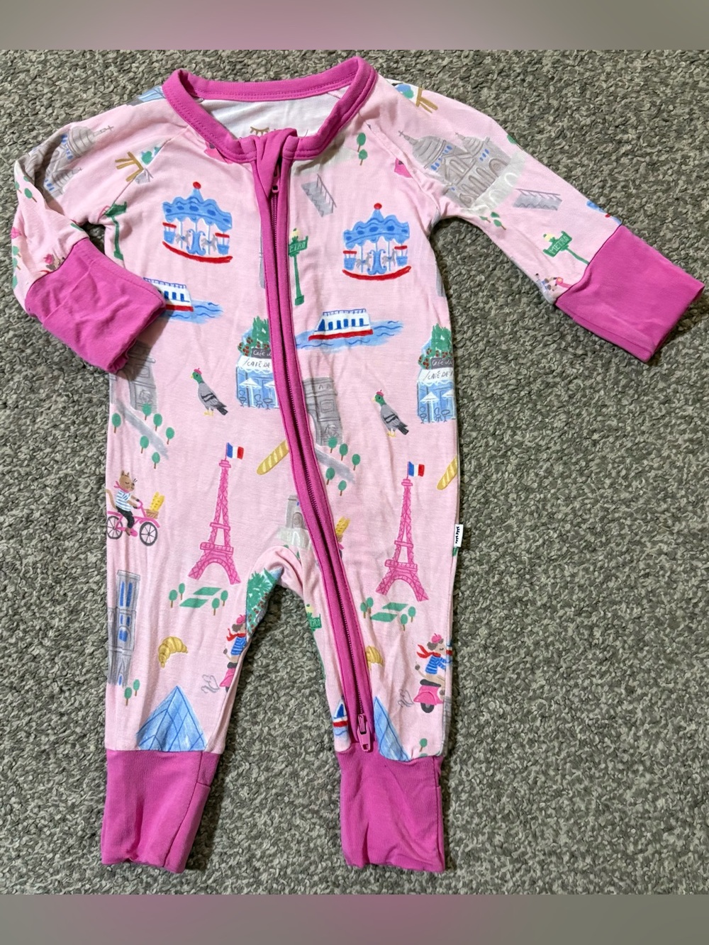 Little Sleepies Pink Paris Zip Front Footie with Magenta Trim
